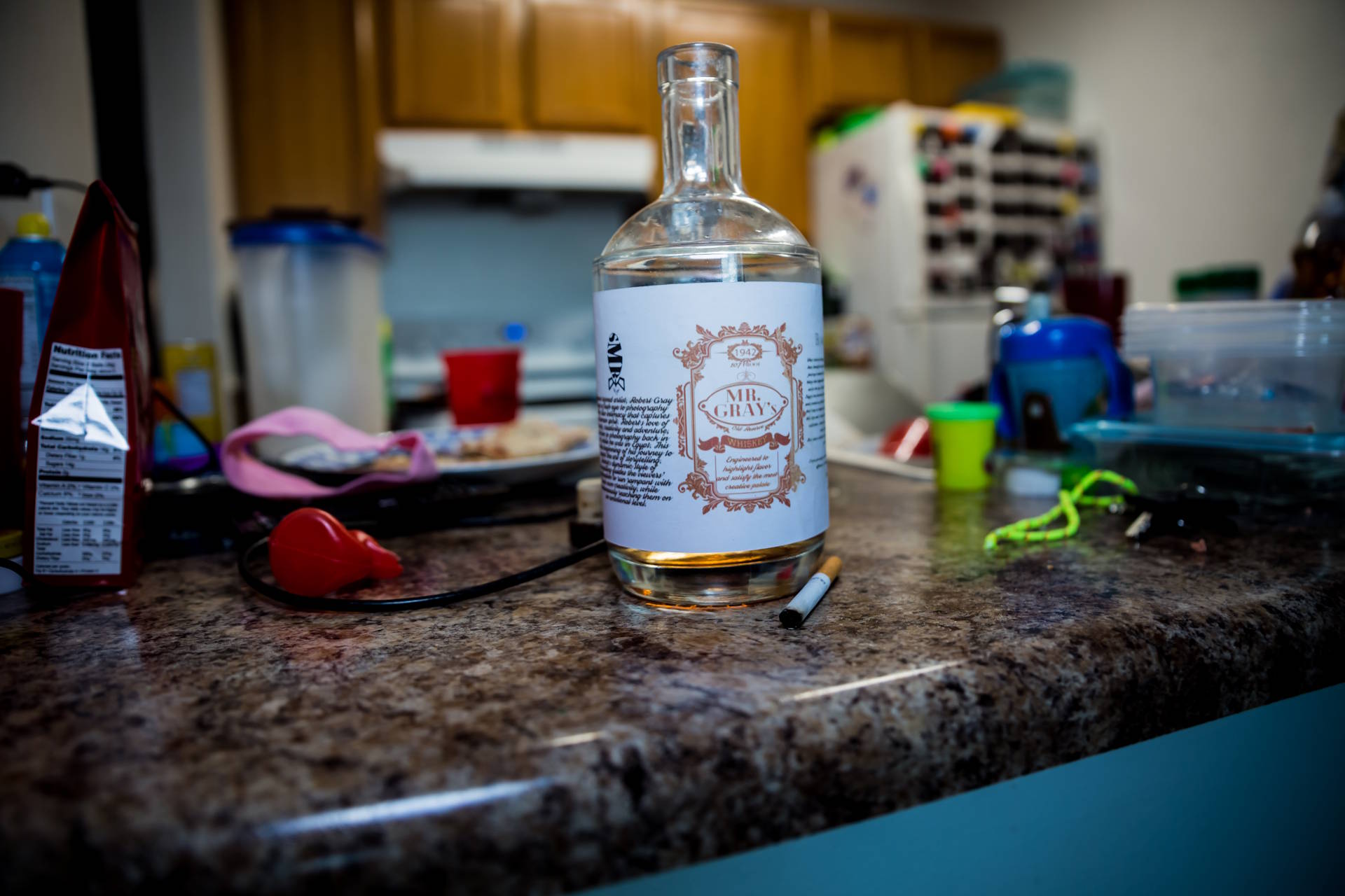 Whisky bottle on table
